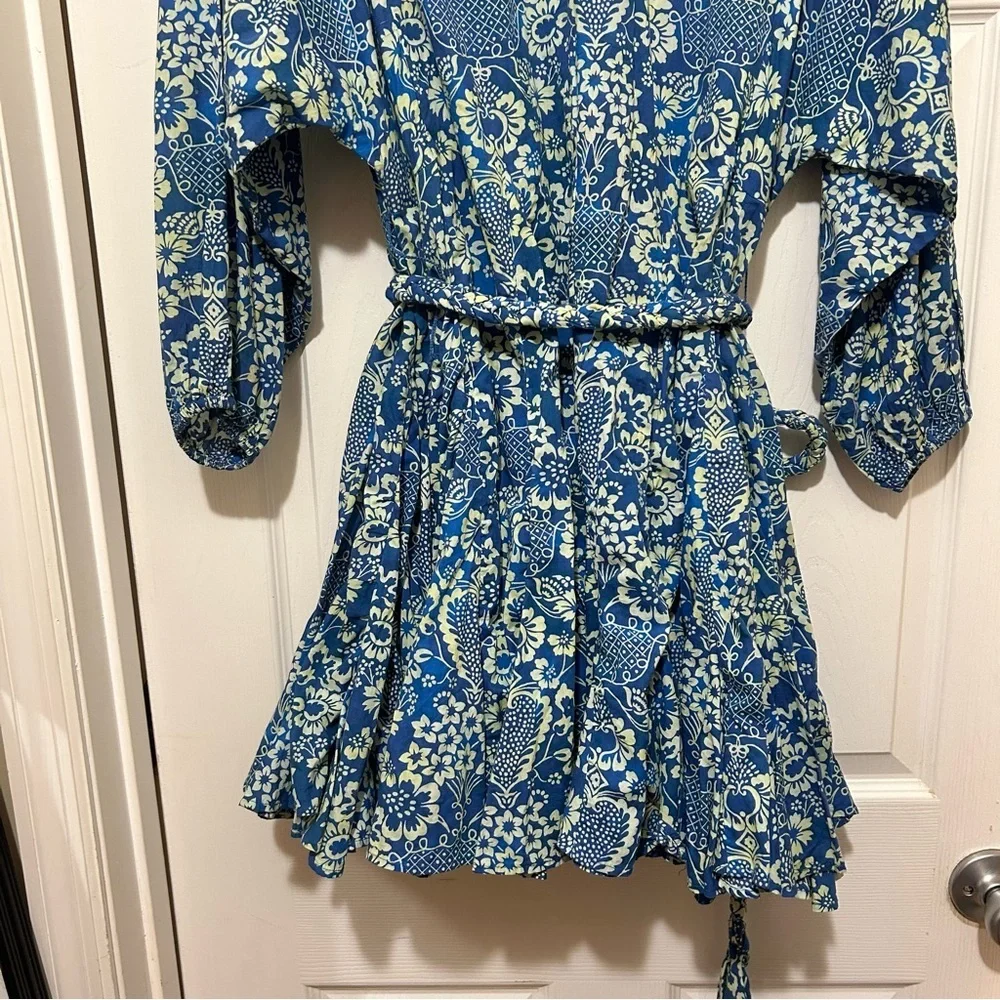 RHODE Floral Print Dress Blue Cream Feminine Ruffle Cotton Beach Vacation Sz Med